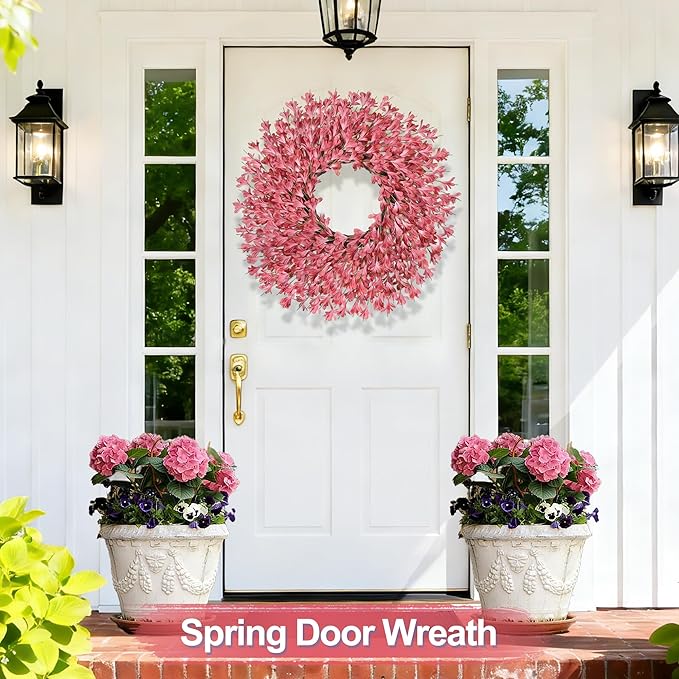 26 Inch Spring Wreaths for Front Door Large Easter Valentines Forsythia Floral Summer Spring Door Wreaths Outdoor All Season Spring Decorations for Home Porch Room Window Wall Farmhouse Decor(Pink-1)