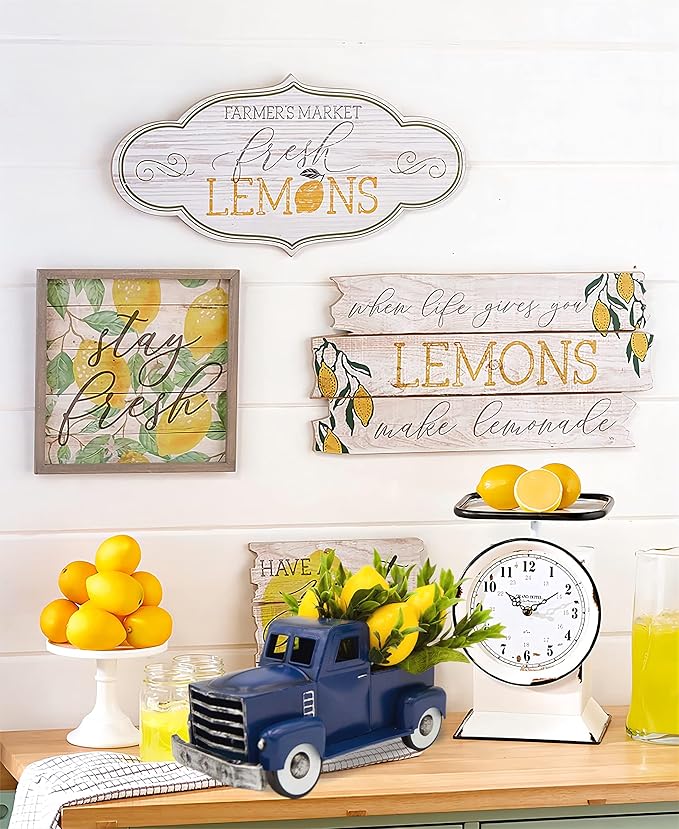 Navy Blue Metal Truck with Artificial Lemon Decor, Farmhouse Spring Summer Centerpiece for Kitchen and Dining Table, Small Ornament for Sidetable, Summer Theme Tiered Tray Decor, 8-inch…