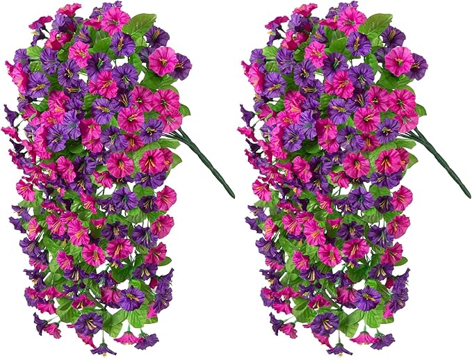 Artificial Fake Hanging Flowers Plants for Outdoor Decoration, 2PCS Faux Silk Morning Glory Long Vines Stems UV Resistant Look Real for Spring Summer Outside Home Porch Patio(Violet Red Purple)