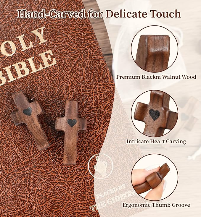 50Pcs Wooden Cross Bulk Worry Cross with Organza Gift Bags Handcrafted Solid Walnut Pocket Cross My Heart Prayer Stress Relief Christian Faith Encouragement Gifts for Church Easter Religious Sharing