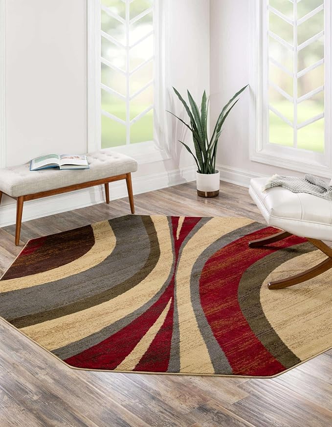 Unique Loom Barista Collection Area Rug - Ngada (7' 1" Octagon, Beige/Red)