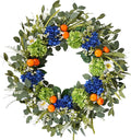 Idyllic 26 Inch Spring Summer Wreath for Front Door - Blue Green Hydrangea Wreath with Orange Berries and White Flowers, Foldable Base for Indoor Outdoor Decor