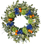 Idyllic 26 Inch Spring Summer Wreath for Front Door - Blue Green Hydrangea Wreath with Orange Berries and White Flowers, Foldable Base for Indoor Outdoor Decor