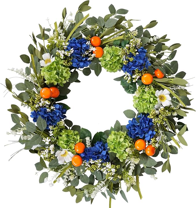Idyllic 26 Inch Spring Summer Wreath for Front Door - Blue Green Hydrangea Wreath with Orange Berries and White Flowers, Foldable Base for Indoor Outdoor Decor