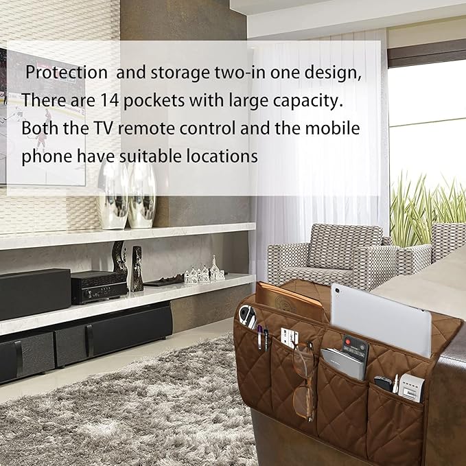 Armchair Caddy, Sofa Armrest Organizer with 14 Pockets, Waterproof Non Slip Recliner Remote Control Holder, Couch Chair Arm Storage for TV Remotes, Phone, iPad, Magazine, Books