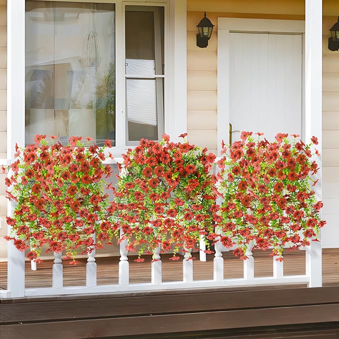 Artificial Hanging Flowers for Outdoors Spring Decoration, 2PCS Silk Fake Daisy Realistic Outdoor Flowers UV Resistant Porch Patio Window Yard Decor(Red)