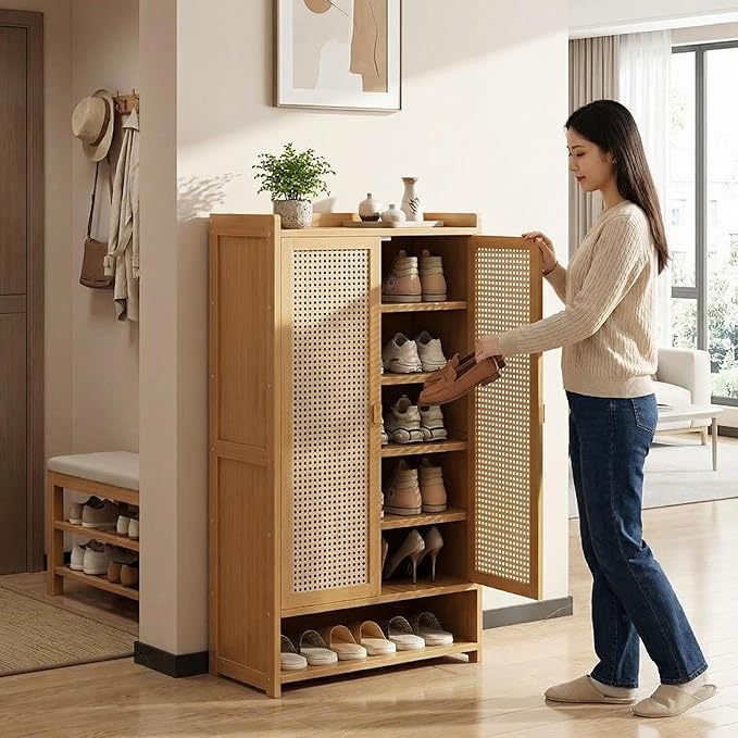 SACSTAR Shoe Storage Cabinet 23.6" L x 12.6" W x 36.6" H Compact Entryway Shoe Rack with 2 Doors & 5 Shelves, Natural Bamboo & Rattan Design Ideal Shoe Organizer for Small Spaces
