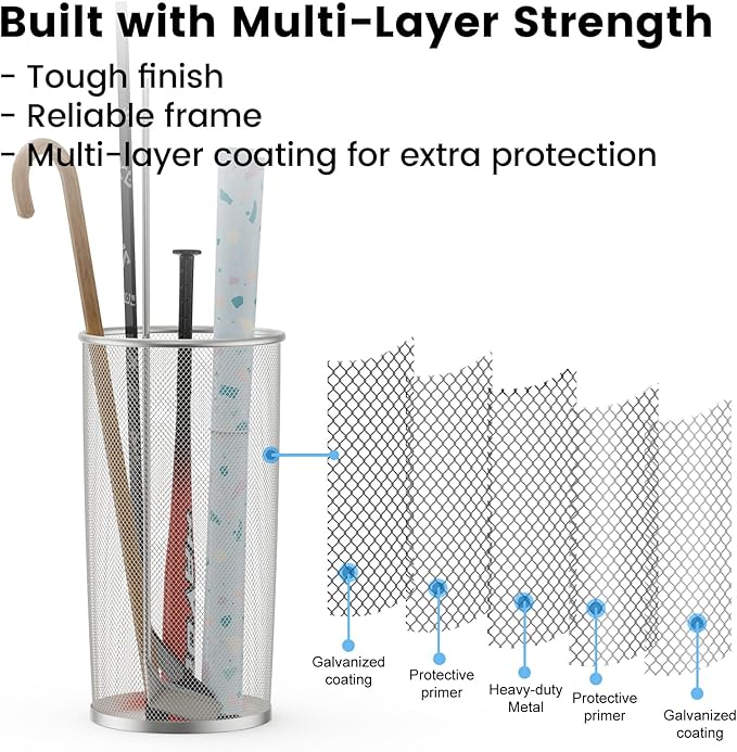19.5" H Mesh Umbrella Stand - Ventilated Mesh Umbrella Holder for Entryway - Extra Capacity Storage for Umbrellas Canes & More - Freestanding Indoor Organizer 10.4" L x 10.4" W x 19.5" H - 4P Silver