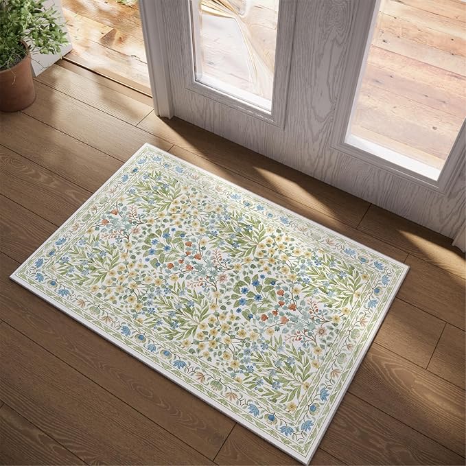 Washable Entry Rug 2x3 Feet, Non-Slip Indoor Entryway Bathroom Kitchen Mat, Vintage Floral Design Rug Perfect for Entryway Décor
