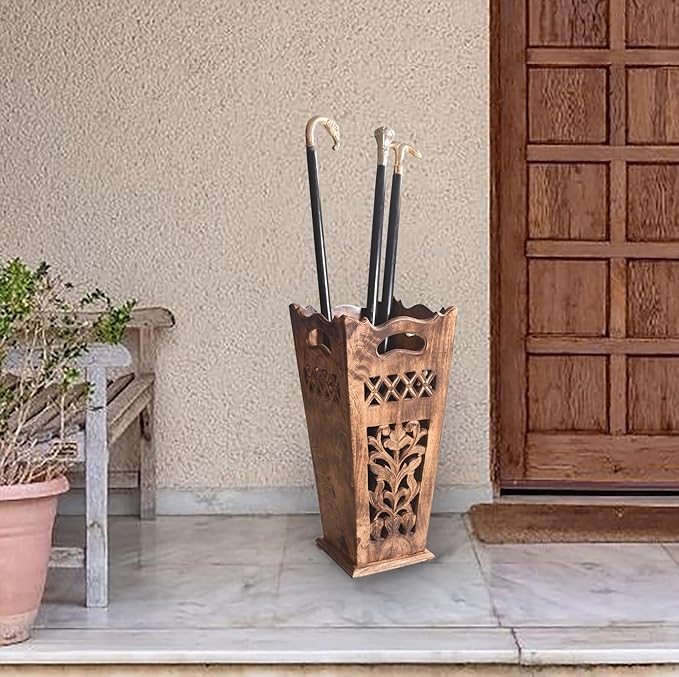 Antique Wooden Umbrella Stand & Walking Cane Holder for Home, Office & Entryway | Hand-Carved Solid Wood Umbrella & Cane Storage Rack | Size 21.5 x 8 x 8 in, Base 7.5 x 7.5 inches