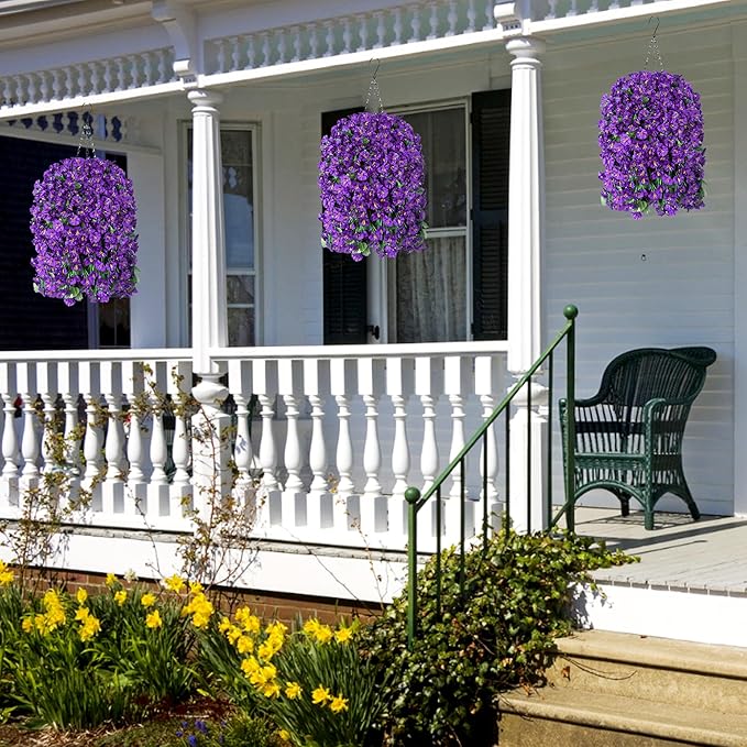 HyeFlora Artificial Fake Hanging Flowers Plants for Outdoor Outside Summer Decoration, 2PCS Faux Silk Morning Glory Purple UV Resistant Look Real Trailing Vines for Home Planter Porch Patio
