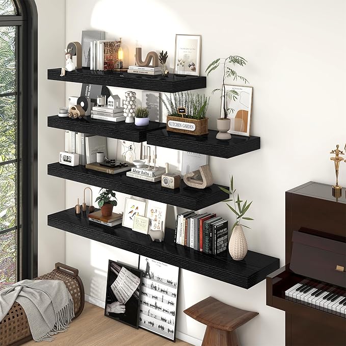 FLYJOE 24 Inch Long Floating Shelves for Wall Set of 1, 12" D Wood Grain Bathroom Shelves with Invisible Brackets, Easy Install Engineered Wood Storage Shelves for Kitchen, Living Room, Bedroom