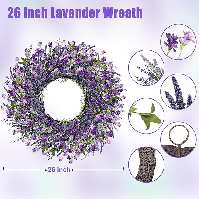 LZNPA 26 Inch Large Lavender Wreath for Front Door Greenery Summer Spring Wreaths for Front Door Wreaths for Front Door All Seasons for Wedding Farmhouse Wall Porch Window Decor(Purple Lavender)