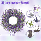 LZNPA 26 Inch Large Lavender Wreath for Front Door Greenery Summer Spring Wreaths for Front Door Wreaths for Front Door All Seasons for Wedding Farmhouse Wall Porch Window Decor(Purple Lavender)