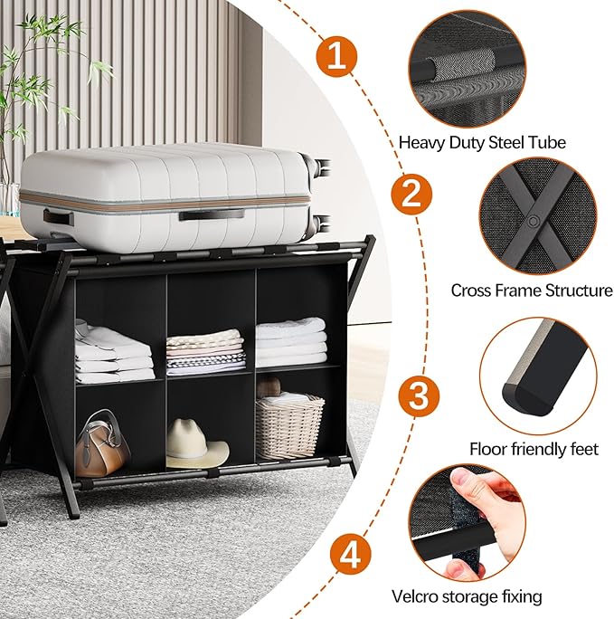 Luggage Rack for Guest Room, Folding Suitcase Stand with 6-Cube Fabric Storage Shelf, Luggage Holder, Steel Foldable Luggage Stand for Guest Room, Bedroom, Hotel, Black