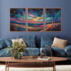 KAIRNE Framed Abstract Midnight Canvas Wall Art,Large Starry Night Prints Set of 3(16”X24”),Colorful Galaxy Space Wildflowers Wall Decor,Nature Dark Night Scene Paintings for Living Room Bedroom Decoration