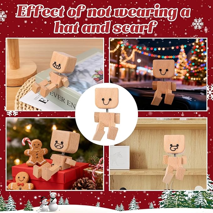 IMOLL Shaking Wooden Man Figurine with 12pcs Magnetic Expressions,Handmade Shaking Feet Wooden Doll,Car Dashboard Desktop Decor Christmas Decor Home&Qffice Decor (with Knit Beanie Hat + Scarf)