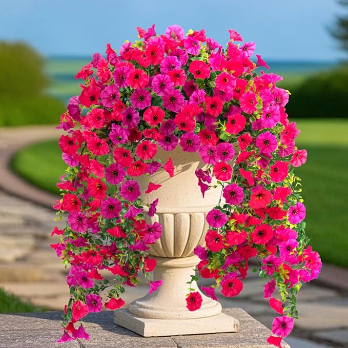 Fake Artificial Hanging Flowers for Outdoor, 2 PCS Silk Morning Glory Faux Flowers with Eucalyptus Leaves,Realistic Hanging Plants for Wedding Home Office Garden Decor