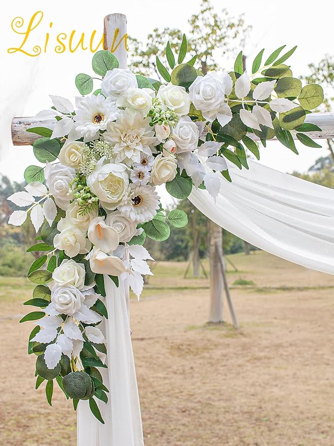 Lisuun Wedding Arch Flowers, Artificial Flowers for Decoration, 2pcs Flower Swag and 1 pcs Semi-Sheer Chiffon Table Runner Swag for Beautiful Dream Wedding Ceremony Floral Decor - Pack of 3