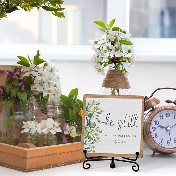Inspirational Christian Desk Decor, Be Still And Know That I Am God Rutsic Sign, Desk Decorations For Office Home Living Room Bathroom, Eucalyptus Shelf Decor, Wooden Plaque With Stand (03)
