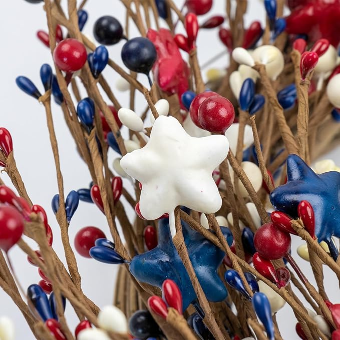 NeoL'artes 20inch Patriotic Wreaths for Front Door, 4th of July Pip Berry Grapevine Wreath White Blue Stars and Berries, Independent Day Porch Door Window Decor