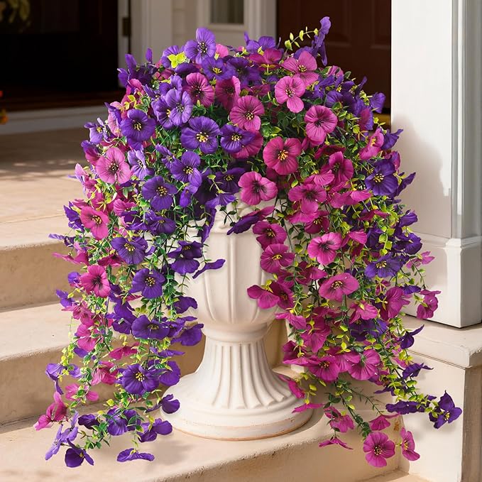 Fake Artificial Flowers for Outdoors, 4 Pcs Faux Hanging Pansy Flowers Spring Summer Decor, UV Resistant No Fade Fake Plants Silk Flower for Planter Front Door Porch Patio Yard Garden(Purple Rose Red)