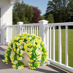 Artificial Flowers with Hanging Basket, Outdoor Faux Plants Silk Morning Glory Vines, Fake Green Arrangement for Garden Patio Spring Summer Decor(Yellow White)