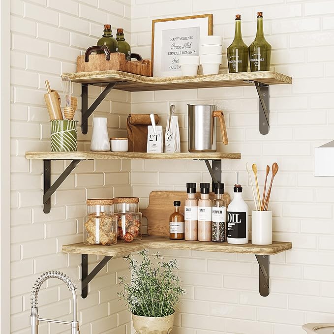 Fixwal Floating Shelves for Wall Set of 5, Rustic Wood Wall Mounted Corner Shelf for Bathroom, Kitchen, Bedroom, Home Decor, Laundry Room, Living Room (Carbonized Black)