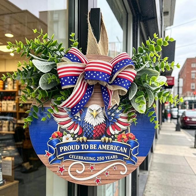 USA 250th Anniversary Patriotic Wreaths for Front Door, 4th of July & Memorial Day Outdoor Patriotic Decorations,12" Wooden Round Sign Decor for Porch, Wall, Window (Color-Proud)