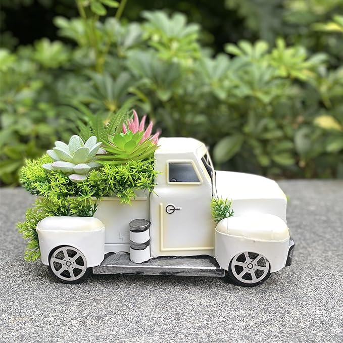 Farmhouse Metal Truck Decor with Artificial Succulents - Rustic Iron Pickup Truck with Removable Faux Succulent Planter for Entryway, Living Room, Coffee Bar Tabletop Decoration