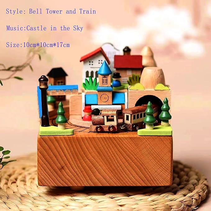 Natural Solid Wood Handcrafted Beech Wooden, Musical FigureTotoro/Carousel/Fairy/Ballerina Figurine,Rotating Hand Crank Mechanism Music Box,Musical Decorations (Bell Tower and Train)