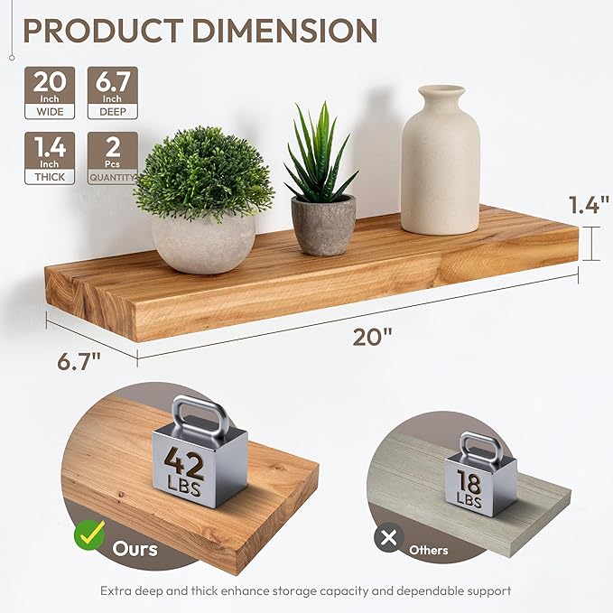 Marsmiles 20 inch Floating Shelves for Wall Solid Elm Wood Shelves|Rustic Wall Shelves with Heavy-Duty Invisible Bracket for Bathroom Living Room Kitchen|Natural, 2 Pack