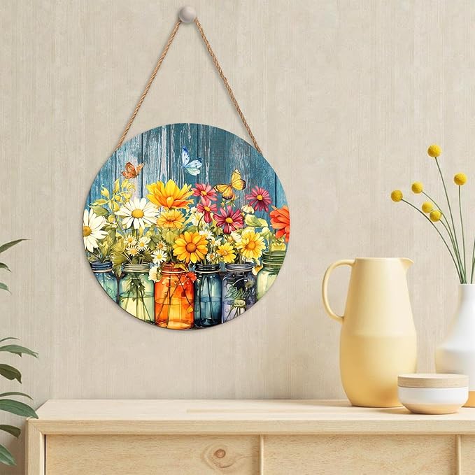 Harooni Spring Summer Floral Door Sign Decor Spring Welcome Wreaths for Front Door Summer Wildflower Vase Butterfly Wood Wreath Farmhouse Front Door Hanger Sign for Indoor Outdoor Decor 12 Inch