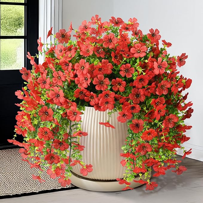 Homsunny Artificial Fake Hanging Flowers Plants for Outdoor Spring Decorations, 2 PCS Faux Daisy Silk Flower Outside No Fade UV Resistant Realistic Home Decor for Porch Patio Window Box (Red