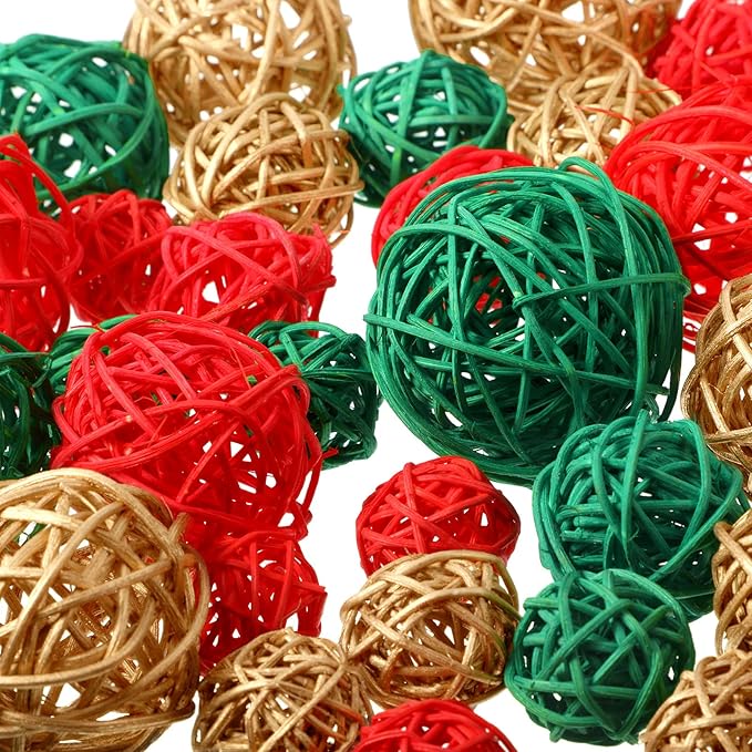 Patelai 36 Pcs Wicker Rattan Balls Decorative Balls for Vase Centerpiece Bowls Orbs Filler for Home Decor,4 Sizes(Red, Green, Gold,2.4'',2'',1.6'',1.2'')