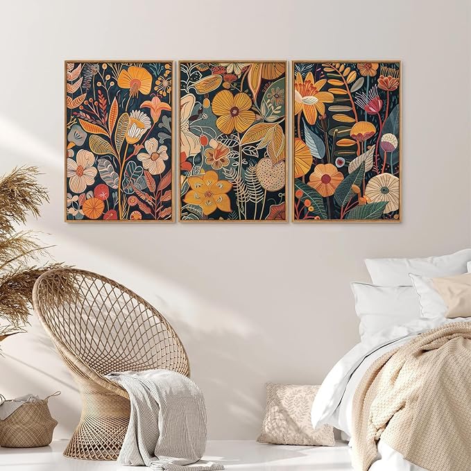 SIGNINART Orange Floral Framed Canvas Wall Art Set of 3, Mid Century Modern Flower Wall Decor, Neutral Plant Artwork, Boho Botanical Art Prints for Bedroom Living Room Office 24"x36"x3