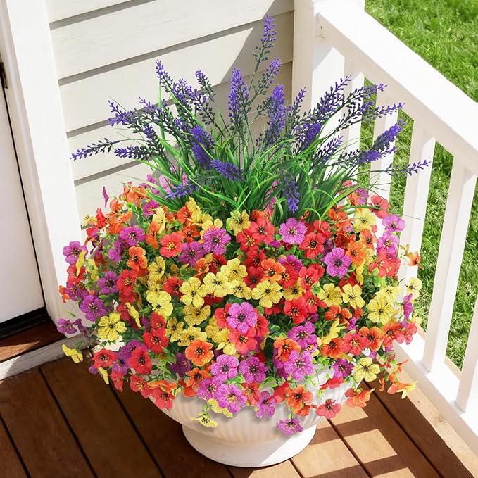 INQCMY Artificial Flowers for Outdoors UV Resistan 12 Pcs Silk Daisies with Eucalyptus Leaves and 2 Pcs Lavender Suitable for Porch Balcony Courtyard Garden (Red Lotus Orange Yellow Red)