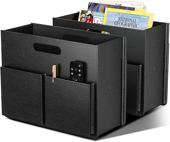 ABC life 2 PACK Magazine Basket Holder, PU Leather Foldable Magazine Rack, Document File Holder Organizer, Newspaper Book Storage Bin Organizer for Living Room Home Office, Balck