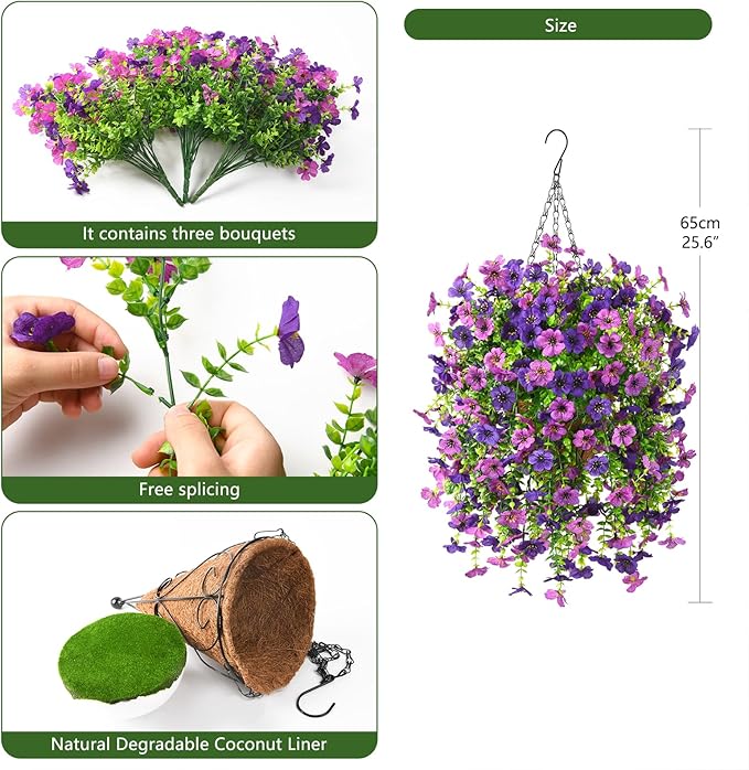Homsunny Artificial Fake Hanging Plants Flowers Baskets for Outdoor Outside Spring Decor,Faux Silk Daisy UV Resistant Look Real Summer Decorations for Home Porch Patio Yard Garden(Mix Purple