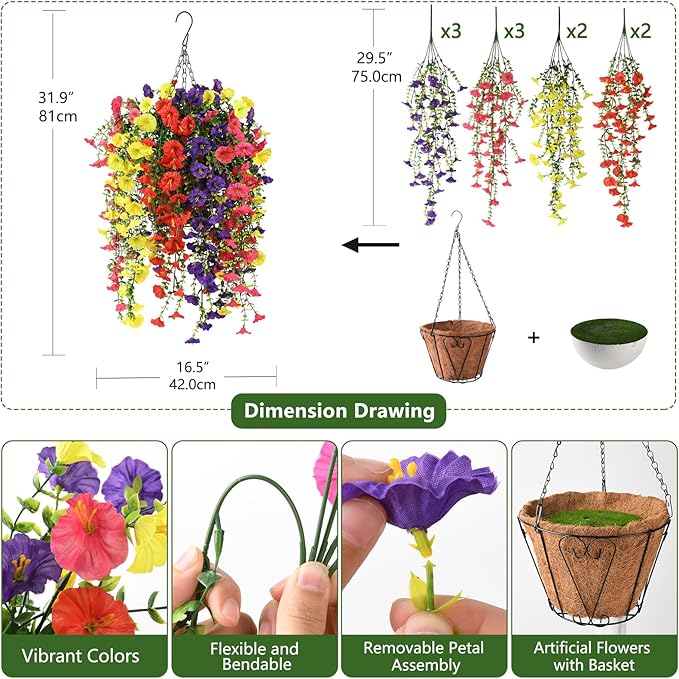 Homsunny Artificial Fake Hanging Flowers Plants Baskets for Outdoor Spring Decoration, Faux Morning Glory Silk Flower for Outside Realise UV Resistant Patio Yard Porch Balcony Home Decor (Mixed 1)