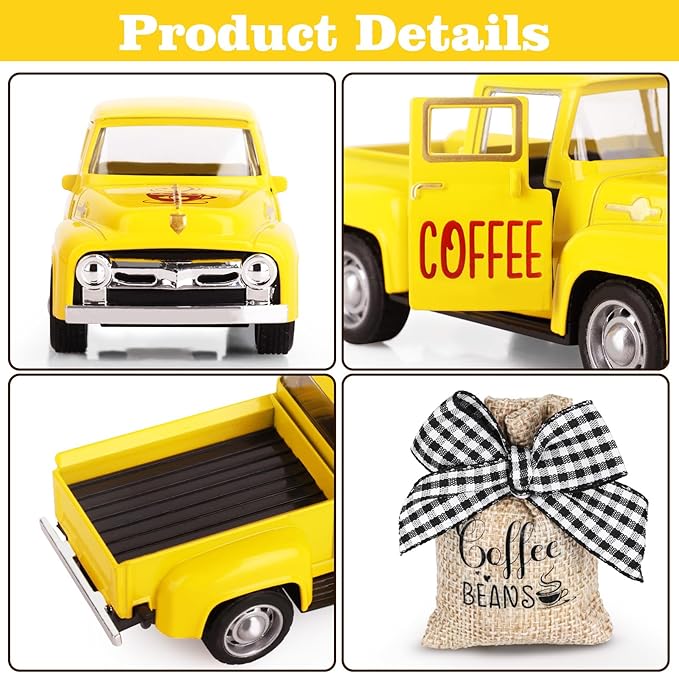 Hooqict Coffee Bar Decor Mini Metal Yellow Truck with Coffee Beans Burlap Sack for Summer Fall Home Farmhouse Kitchen Tiered Tray Decor Coffee Bar Accessories Coffee Station Decoration