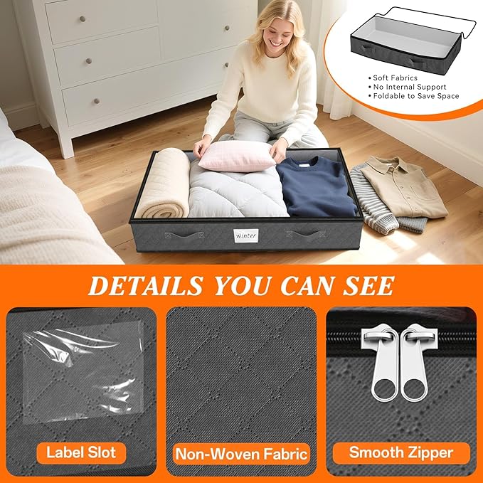 SpaceWhisper 90L Under Bed Storage Containers, 8-Pack Storage Bins with Clear Top, Foldable Closet Organizers and Storage with Label Holder for Clothing, Blankets, Comforter & Pillows (Grey)