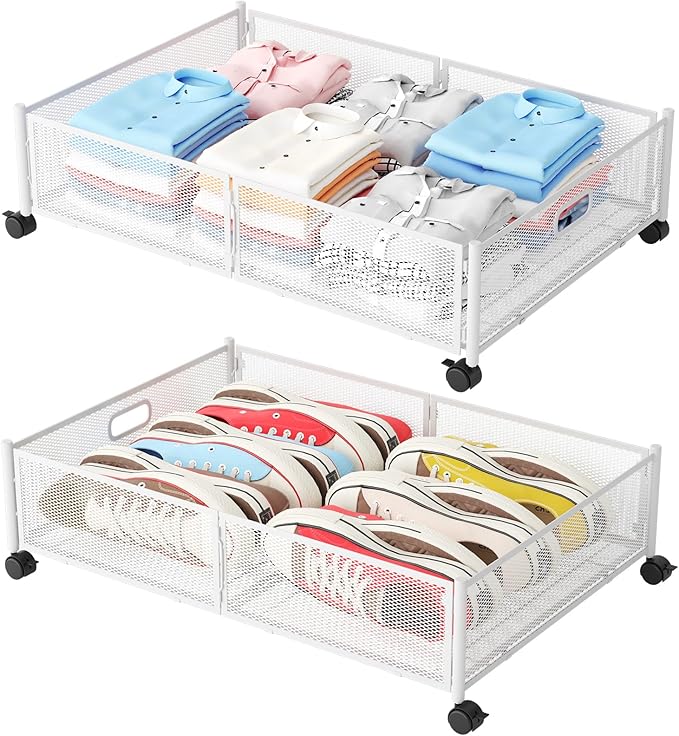 Under Bed Storage with Wheels, Foldable Metal Mesh Underbed Storage Container Bins, Tool-free Assembly Clothes Drawer Organizer, 2Pack