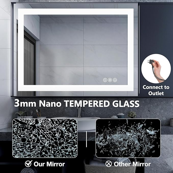 DUMOS 24.1"x36.1" LED Bathroom Mirror, Smart Anti-Fog Bathroom Vanity Mirror with Front Light & Backlit, 3 Color Temperatures, Dimmable, Memory Function