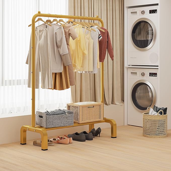 JIUYOTREE Standard Clothes Clothing Garment Rack with Storage Shelves Clothes Organizer for Hanging Clothes Coat Jacket Shirt Sweater Jeans Gold