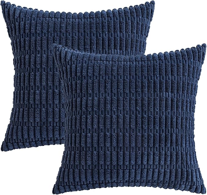 MIULEE Pack of 2 Corduroy Decorative Throw Pillow Covers 12x12 Inch Soft Boho Striped Pillow Covers Modern Farmhouse Home Decor for Summer Coastal Sofa Living Room Couch Bed Dark Blue