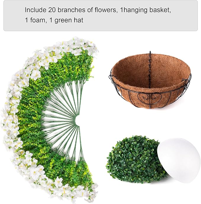 INSPRING Artificial Faux Hanging Flowers Basket for Outdoors Spring Fake Plants, UV Resistant White Silk Morning Glory in Planter Realistic Petunia Flowers for Outside Patio Porch Garden Home Decor