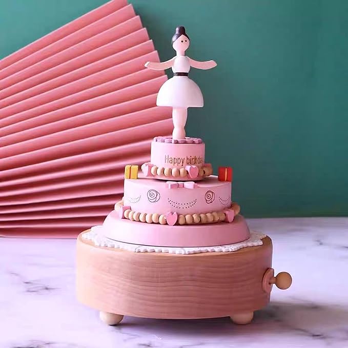 Natural Solid Wood Handcrafted Beech Wooden, Musical FigureTotoro/Carousel/Fairy/Ballerina Figurine,Rotating Hand Crank Mechanism Music Box,Musical Decorations (Lovely Girl's Birthday Cake)