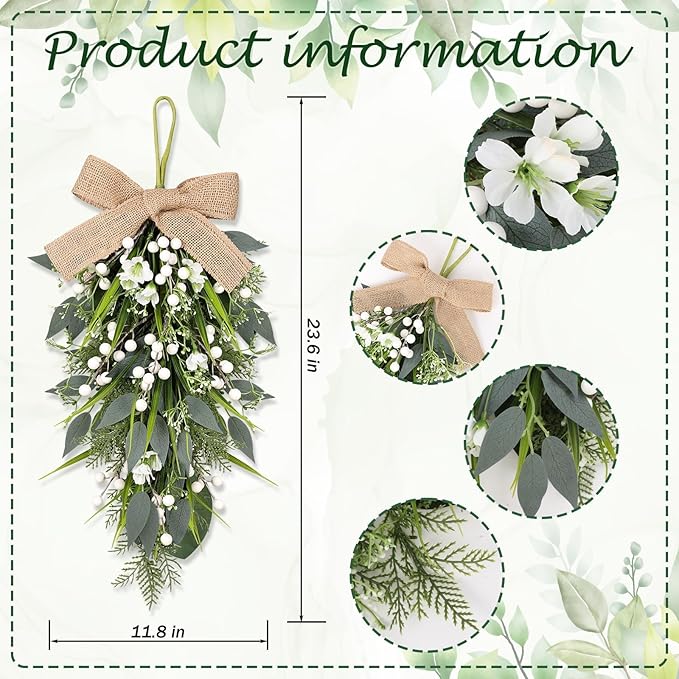 2 Pcs 24" Artificial White Flower Teardrop Wreaths Swag Spring Summer Berries Swags Wreath White Floral Hanging Wreaths for Kitchen Cabinet Doors Window Wall Wedding Party Home Decor