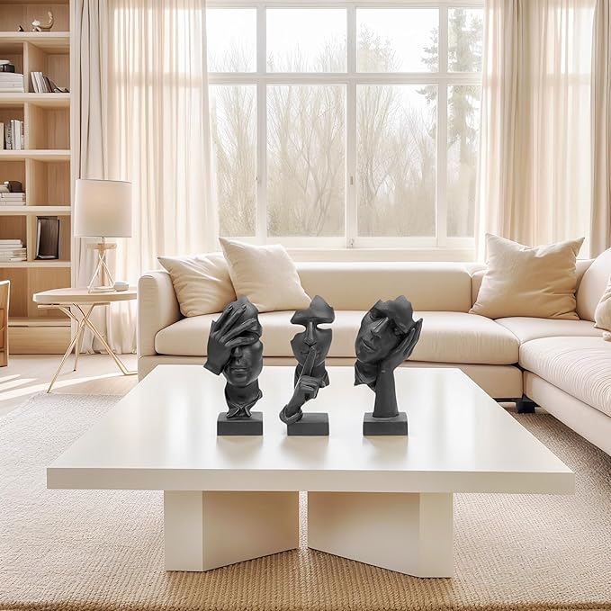 aboxoo 3 Pcs Thinker Statue, Silence is Gold Abstract Art Figurine, See No Evil Hear No Evil Speak No Evil Statues, Modern Resin Sculptures Decor for Living Room, Home, Office Study (Black)